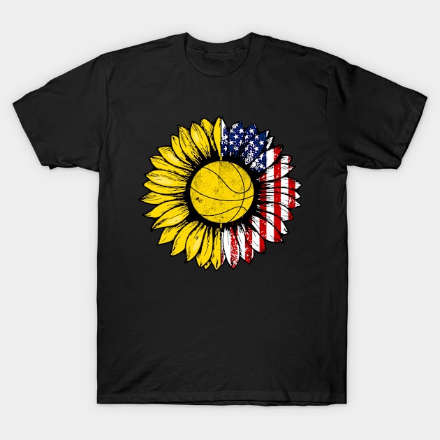 Sunflower American Flag Basketball Lover Gifts 4th Of July T-Shirt by shanemuelleres